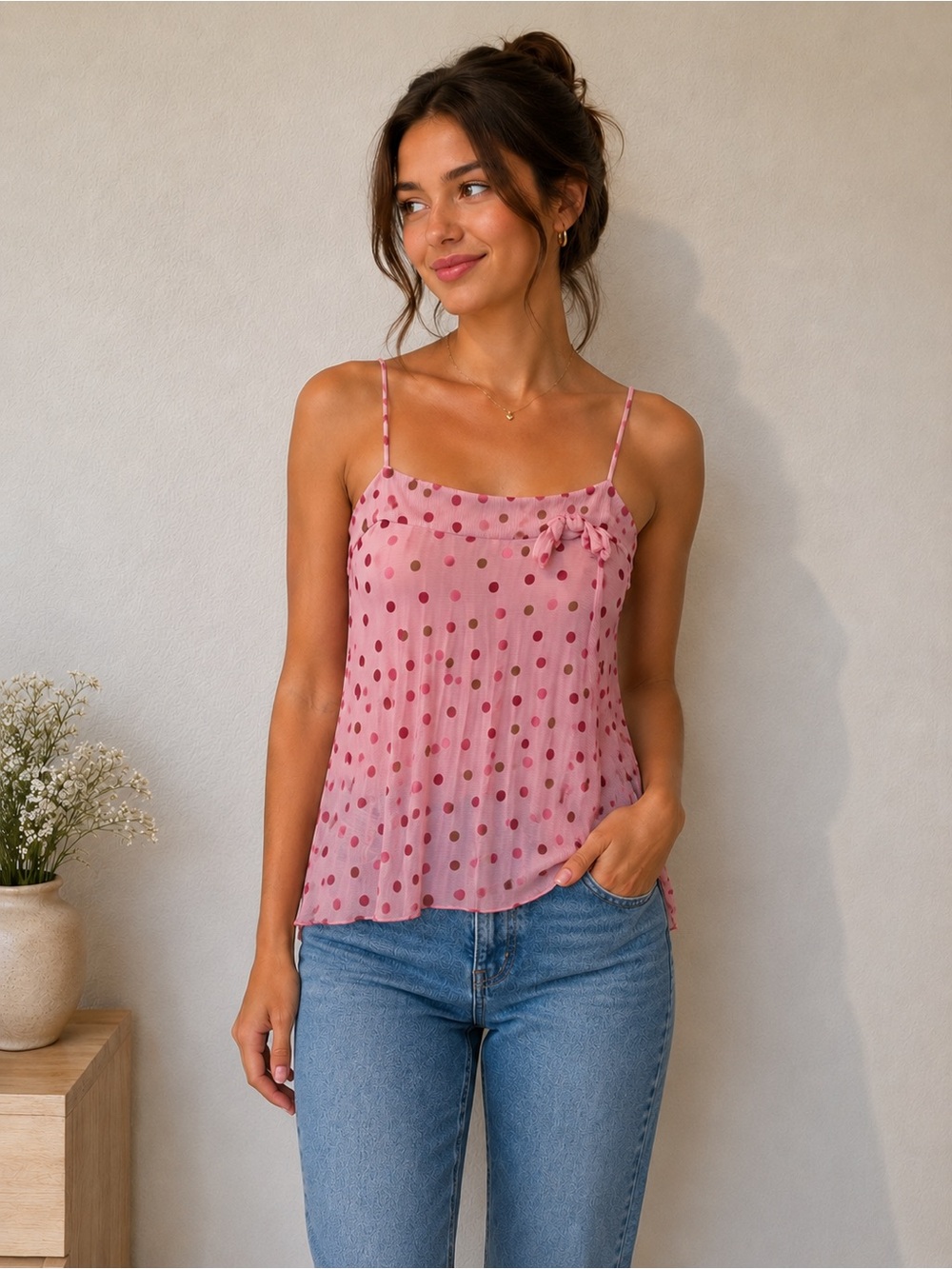 Pink Polka Dot Flowy Cami Top | Y2K Coquette Style